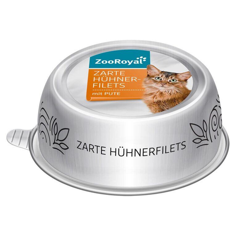 Die ZooRoyal Zarten Hühnerfilets mit Pute haben einen hohem Frischfleischanteil und sind als Alleinfuttermittel für anspruchsvolle Samtpfoten geeignet.