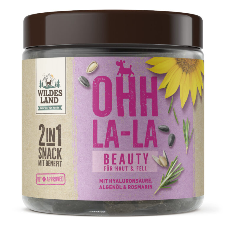 Wildes Land BEAUTY 2in1 Snack mit Benefit – Für Haut & Fell Ergänzungsfuttermittel für Hunde OHH LA-LA – wer strahlt denn da! Das Fell Deines Hundes wirkt stumpf und matt