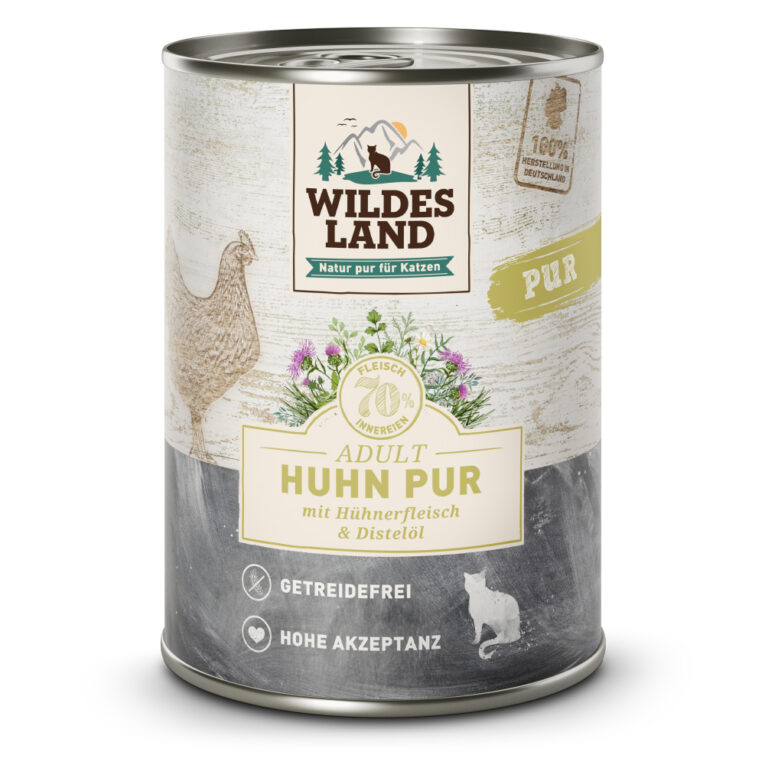 Wildes Land Nassfutter Huhn mit Distelöl aus der Linie PUR Adult Alleinfuttermittel für ausgewachsene Katzen Für das Wohlbefinden und die Gesundheit Ihrer Katze ist eine ausgewogene Ernährung mit hochwertigen Proteinen unerlässlich. Das Nassfutter von Wildes Land basiert auf der Ursprünglichkeit und Kraft der Natur. Deshalb enthält die Sorte Huhn Pur von Wildes Land kein Getreide und zudem nur eine hochwertige Proteinquelle für eine artgerechte Ernährung. Mit einem Gesamtanteil an Muskelfleisch und Innereien von mehr als 70 % besitzt es eine ausgezeichnete Akzeptanz und Verträglichkeit. Ergänzt wird die Rezeptur nur mit wertvollem Distelöl – kombiniert nach den neuesten wissenschaftlichen Erkenntnissen. Mit dem Wildes Land Nassfutter Huhn Pur wird Ihre Katze mit allen wichtigen Nährstoffen und Vitaminen versorgt