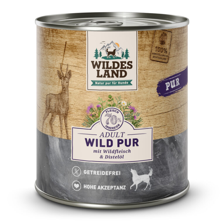 Wild aus der Linie Pur Adult Alleinfuttermittel für ausgewachsene Hunde Für das Wohlbefinden und die Gesundheit Ihres Hundes ist eine ausgewogene Ernährung mit hochwertigen Proteinen unerlässlich. Das Nassfutter von Wildes Land basiert auf der Ursprünglichkeit und Kraft der Natur. Deshalb enthält die Sorte Wild Pur von Wildes Land kein Getreide und nur hochwertige Proteinquellen für eine artgerechte Ernährung. Mit einem Gesamtanteil an Muskelfleisch und Innereien von mehr als 70 % besitzt es eine ausgezeichnete Akzeptanz und Verträglichkeit. Ergänzt wird die Rezeptur nur mit wertvollem Distelöl - kombiniert nach den neuesten wissenschaftlichen Erkenntnissen. Mit dem Wildes Land Nassfutter Wild Pur wird Ihr Hund mit allen wichtigen Nährstoffen und Vitaminen versorgt
