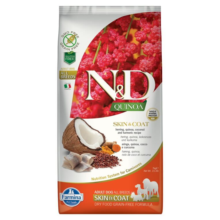 Das N&D DOG QUINOA SKIN & COAT HERRING ist ein getreidefreies Alleinfuttermittel für erwachsene Hunde.