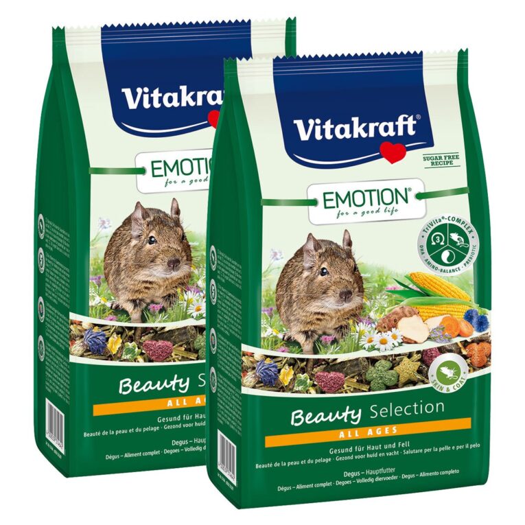 Das Vitakraft Emotion® Beauty Selection Degus enthält rohfaserreiche Luzerne-Pellets & bekömmliche Blüten. Unterstützt die Haut & das Fell.