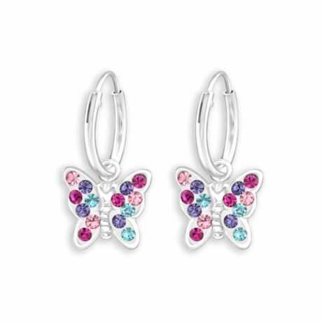 Bezaubernde Kinder-Creolen aus 925 Sterling Silber mit h?ngendem Schmetterling und Kristallen