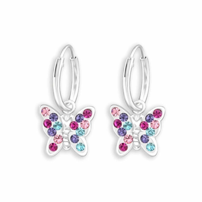 Bezaubernde Kinder-Creolen aus 925 Sterling Silber mit h?ngendem Schmetterling und Kristallen IN UNSEREM Hundeshop günstig kaufen