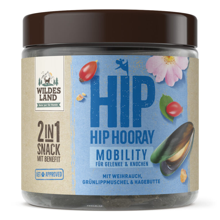 Wildes Land MOBILITY 2in1 Snack mit Benefit – Für Gelenke & Knochen Ergänzungsfuttermittel für Hunde HIP HIP HOORAY – ganz locker aus der Hüfte hüpfen! Dein Hund ist nicht mehr so bewegungsfreudig – das Aufstehen fällt ihm schwer