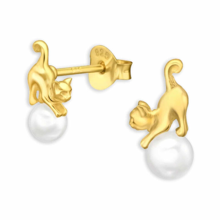 Gold plattierte Katzenohrstecker mit synthetischer Perle aus 925 Sterling Silber IN UNSEREM Hundeshop günstig kaufen