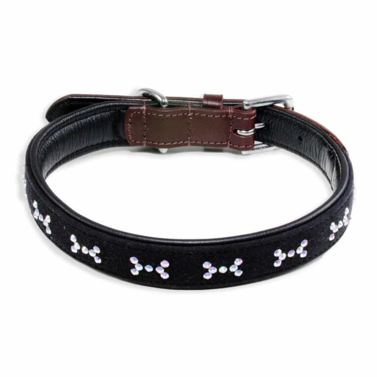 Hundehalsband aus Leder braun schwarz mit Knochen glitzer Kristallen M IN UNSEREM Hundeshop günstig kaufen