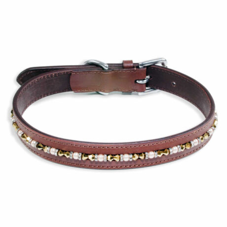 Hundehalsband aus Leder braun mit glitzer Kristallen L-M