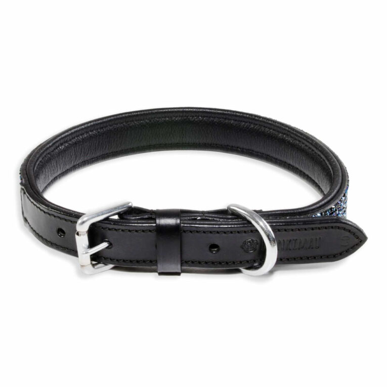 Hundehalsband aus Leder schwarz mit blauen Pailletten XL-L IN UNSEREM Hundeshop günstig kaufen
