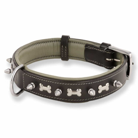 Hundehalsband aus Leder schwarz mit Knochen und Nieten L