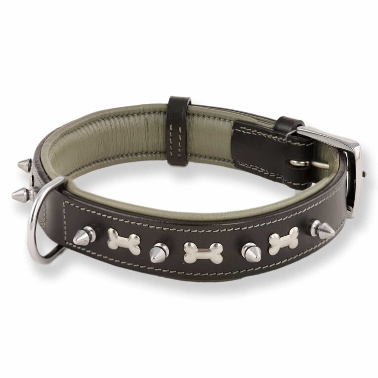 Hundehalsband aus Leder schwarz mit Knochen und Nieten L IN UNSEREM Hundeshop günstig kaufen