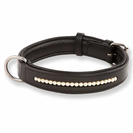Hundehalsband aus Leder schwarz mit Premium-Perlen L