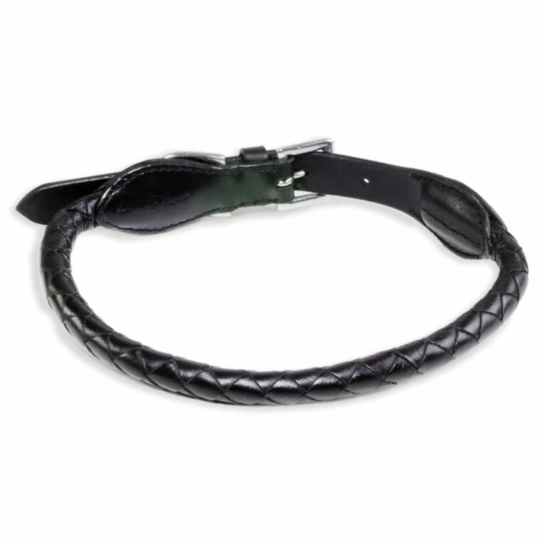 Hundehalsband aus Leder schwarz rund geflochten M-S IN UNSEREM Hundeshop günstig kaufen