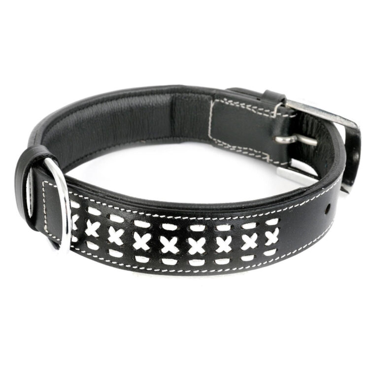 Hundehalsband aus Leder schwarz wei?e Zierflechtung L IN UNSEREM Hundeshop günstig kaufen