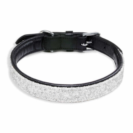 Hundehalsband aus Leder schwarz mit wei?en Pailletten L