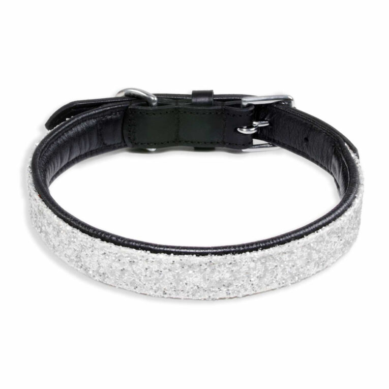 Hundehalsband aus Leder schwarz mit wei?en Pailletten L IN UNSEREM Hundeshop günstig kaufen