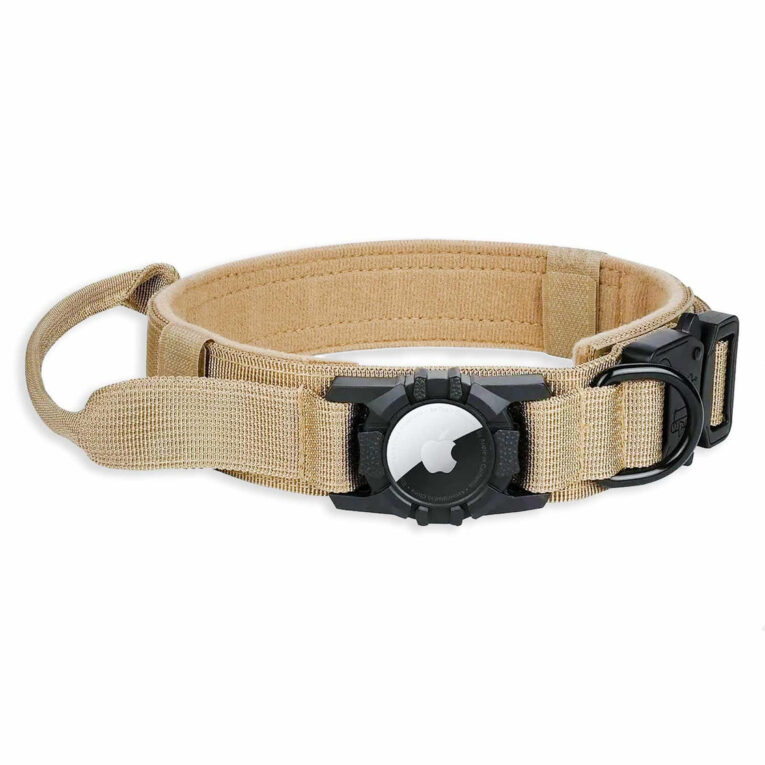 Hundehalsband taktisch mit Handgriff und Apple AirTag Halter aus Nylon beige - M IN UNSEREM Hundeshop günstig kaufen