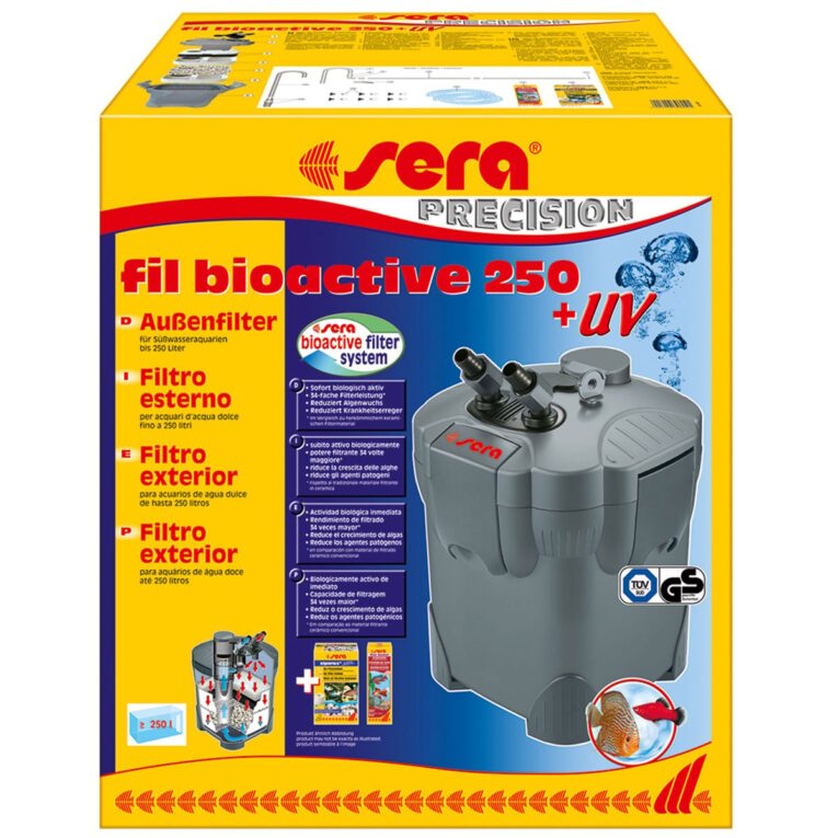 Der sera fil bioactive 250 + UV Außenfilter mit UV-C-Wasserklärung für Aquarien bis 250 Liter filtert zuverlässig Verunreinigungen aus Ihrem Aquarium.