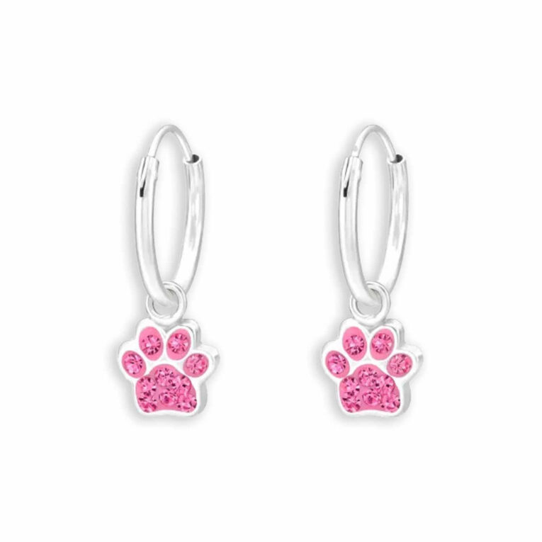 Silberne Kinder-Creolen mit Pfotenanh?nger und Kristallen IN UNSEREM Hundeshop günstig kaufen