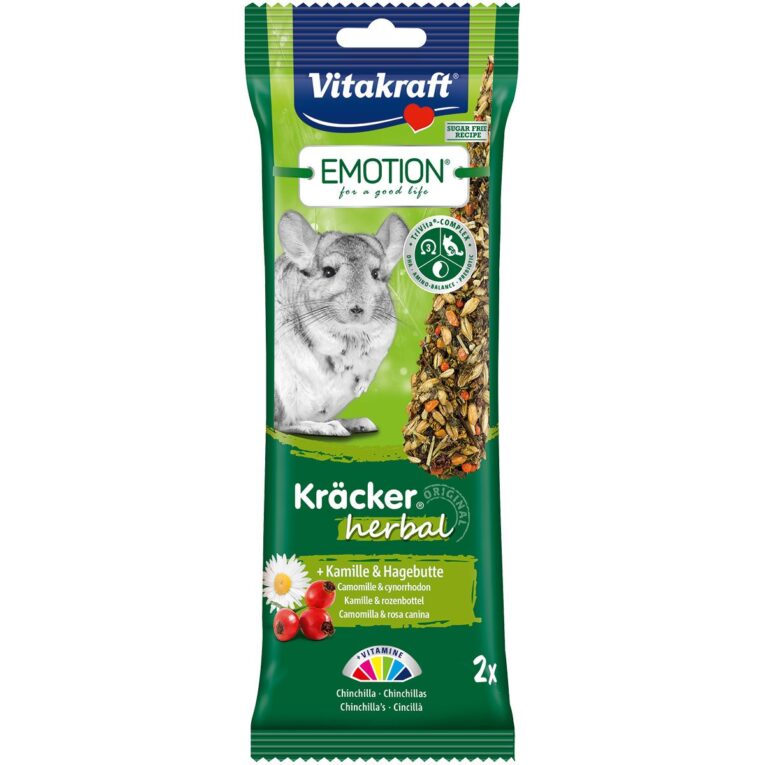 Die Vitakraft Emotion Kräcker Herbal Chinchillas Knabberstangen beinhalten zur Nahrungsergänzung aromatische Zutaten wie Kamille & Hagebutte.