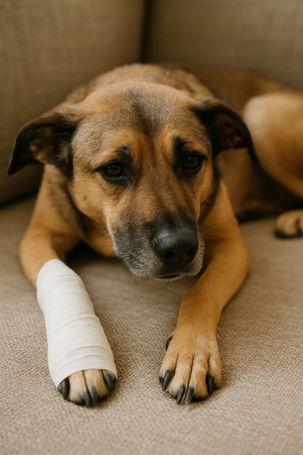 Hund mit Verband an der vorderPfote 