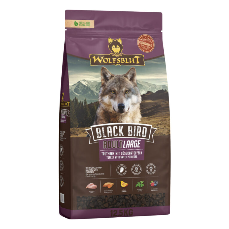 BLACK BIRD ADULT LARGE Truthahn mit Süßkartoffeln Alleinfuttermittel für ausgewachsene Hunde großer Rassen In den Rocky Mountains Nordamerikas