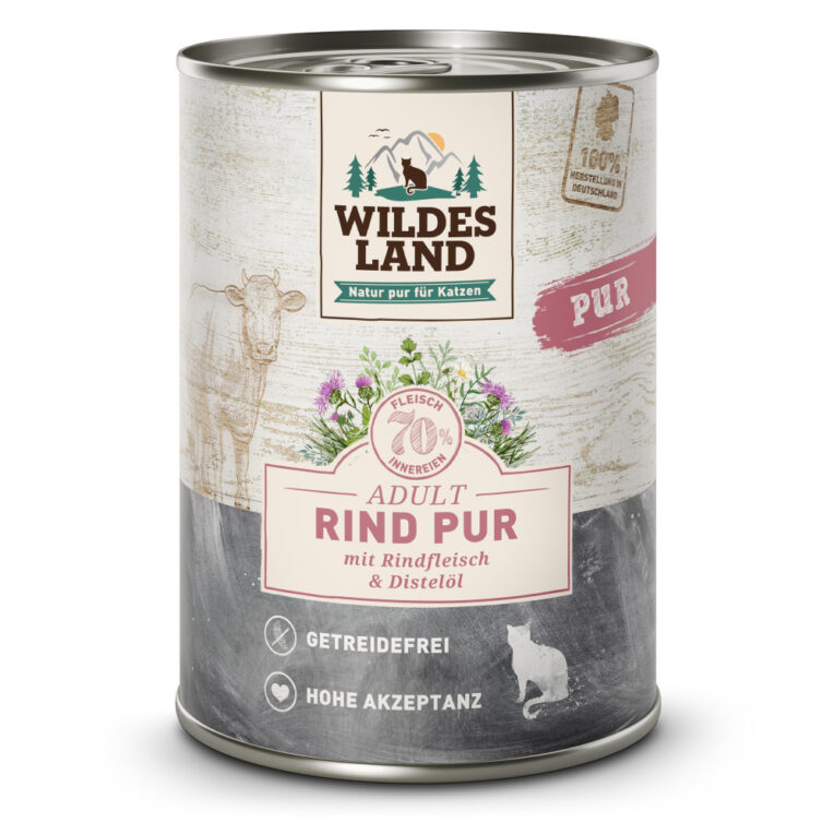 Rind aus der Linie PUR Adult Alleinfuttermittel für ausgewachsene Katzen Für das Wohlbefinden und die Gesundheit Ihrer Katze ist eine ausgewogene Ernährung mit hochwertigen Proteinen unerlässlich. Das Nassfutter von Wildes Land basiert auf der Ursprünglichkeit und Kraft der Natur. Deshalb enthält die Sorte Rind Pur von Wildes Land kein Getreide und zudem nur eine hochwertige Proteinquelle für eine artgerechte Ernährung. Mit einem Gesamtanteil an Muskelfleisch und Innereien von mehr als 70 % besitzt es eine ausgezeichnete Akzeptanz und Verträglichkeit. Ergänzt wird die Rezeptur nur mit wertvollem Distelöl – kombiniert nach den neuesten wissenschaftlichen Erkenntnissen. Mit dem Wildes Land Nassfutter Rind Pur wird Ihre Katze mit allen wichtigen Nährstoffen und Vitaminen versorgt