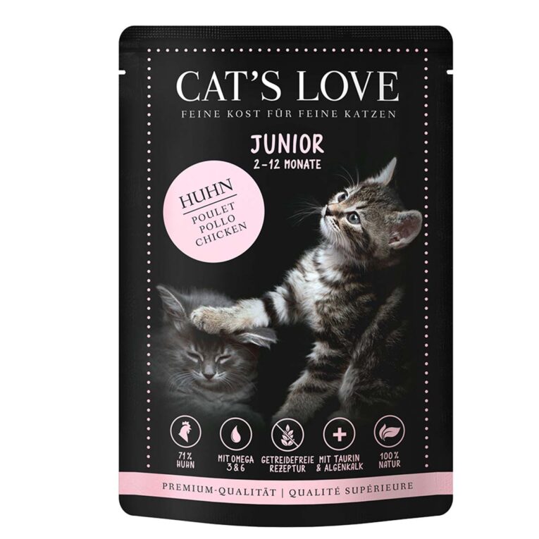 Das Cat's Love Nassfutter Junior Huhn mit Algenkalk & Distelöl ist für heranwachsende Katzen geeignet.