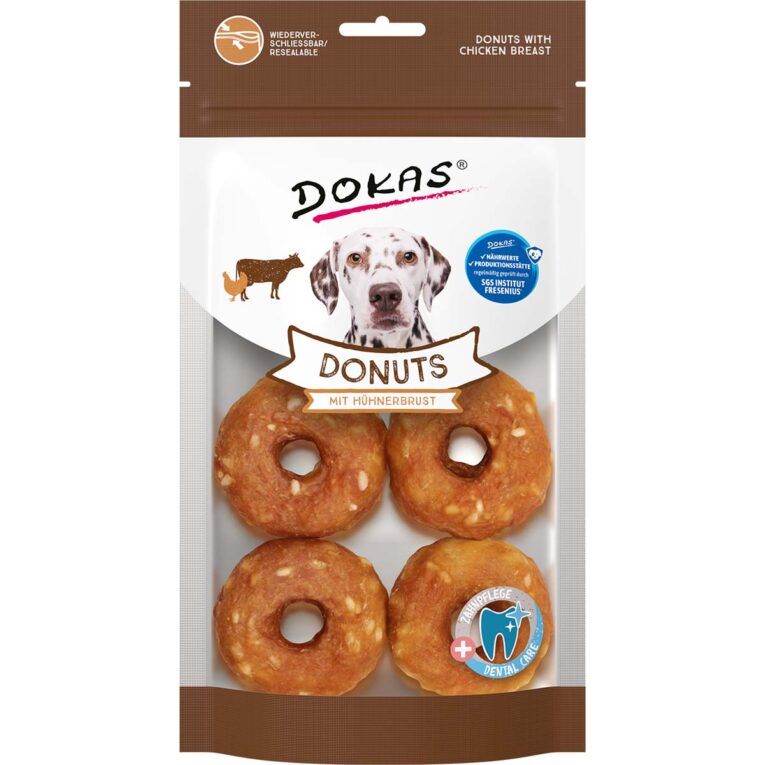 Erlebe die perfekte Kombination aus Kauspaß und Zahnpflege mit den Dokas Donuts mit Hühnerbrust 160g. Diese leckeren Donuts aus Rinderhaut und Hühnerbrustfilet sind nicht nur knackig und bissfest