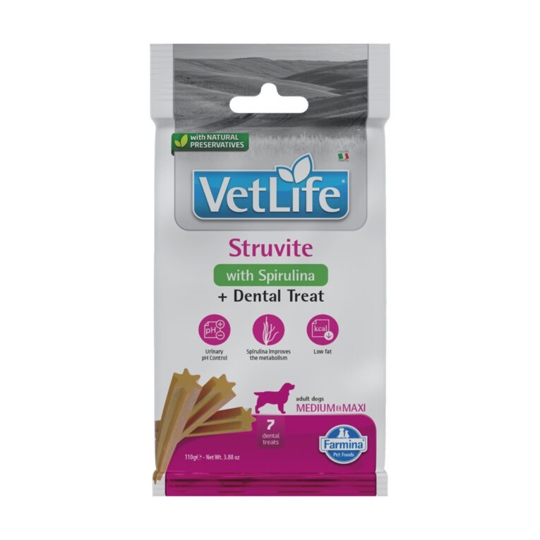 Farmina Vet Life Dental Treat Struvit unterstützt Zahnpflege und Struvitstein-Behandlung mit Omega 3 und Spirulina.