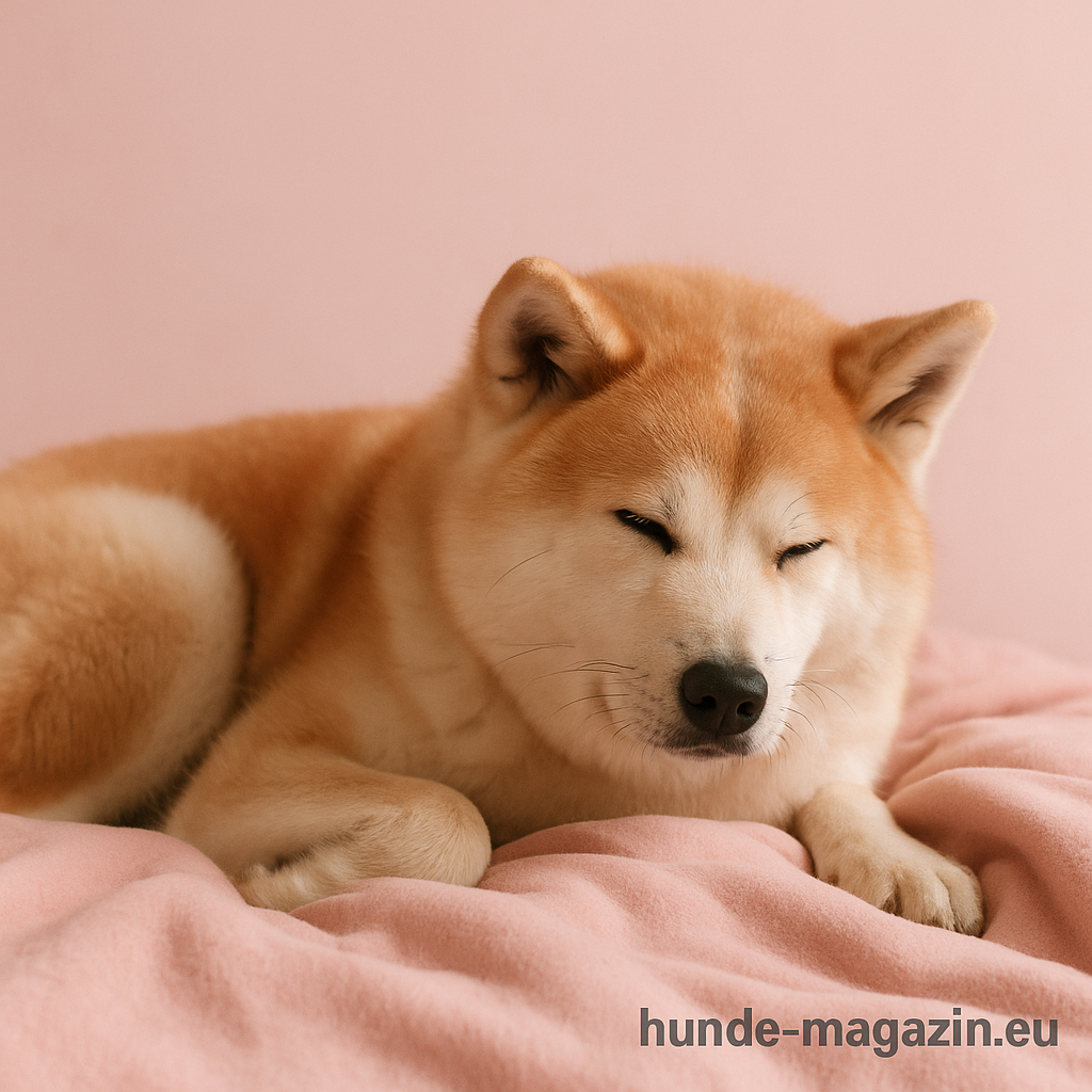  Luna schläft eingekuschelt auf einem Sofa, weiches rosa Licht, Ruhe ausstrahlend. Wasserzeichen „hunde-magazin.eu“