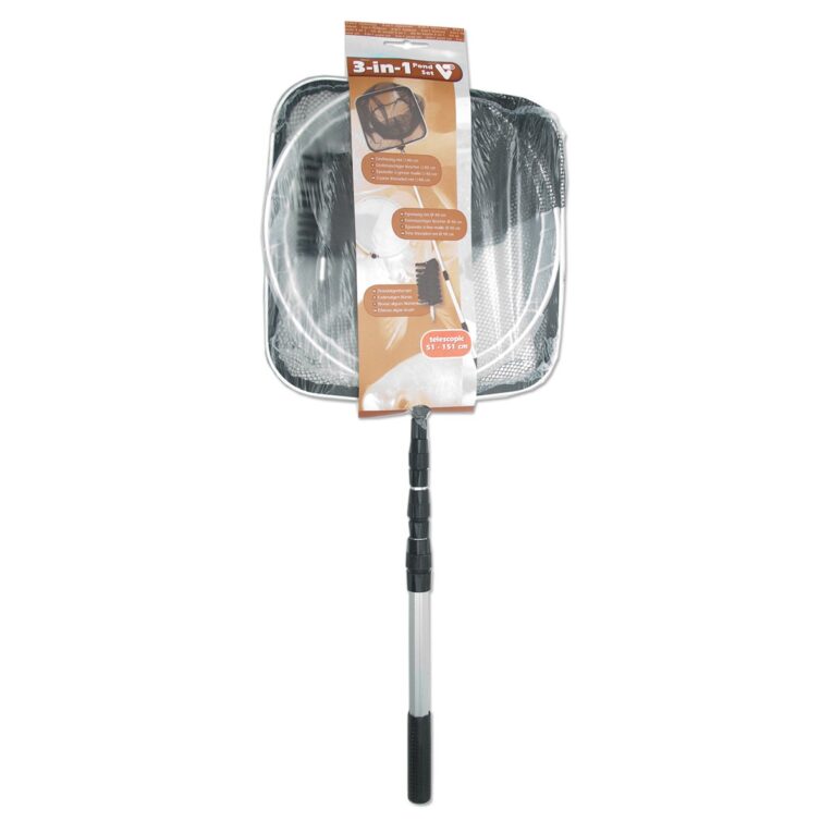 VT 3-in-1 Pond Set zur Säuberung des Teichs. Mit fein- und grobmaschigem Kescher und Fadenalgen Bürste. Einfache Handhabung.