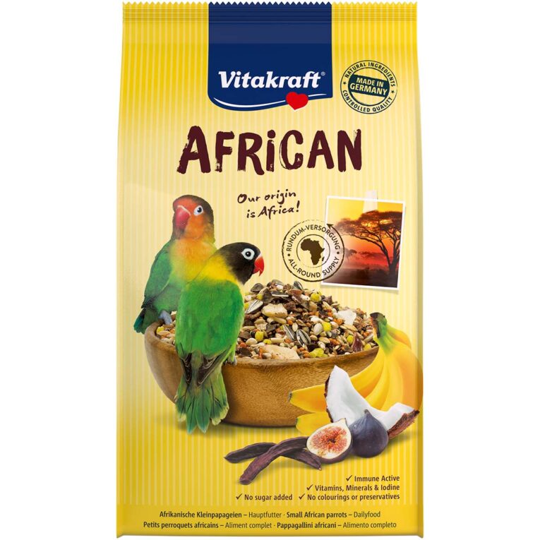 Vitakraft African bringt die kulinarischen Genüsse der Heimat Ihrer Agaporniden in den heimischen Küfig. Beta-Glucane stürken die Abwehrkrüfte.