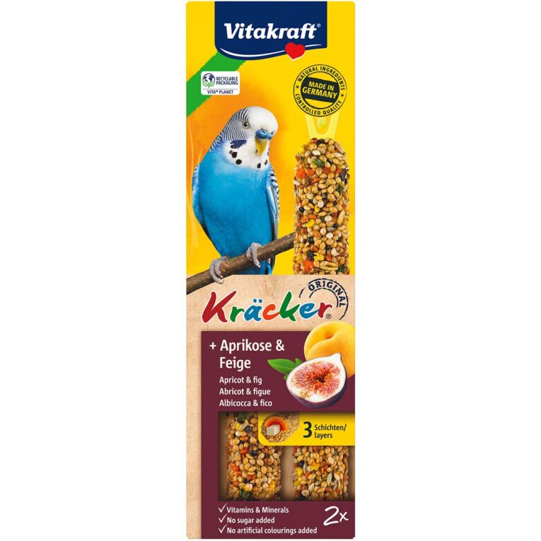 Die Vitakraft Kräcker mit Aprikose und Feige schmecken einfach köstlich und sind eine artgerechte Beschäftigung für Wellensittiche.