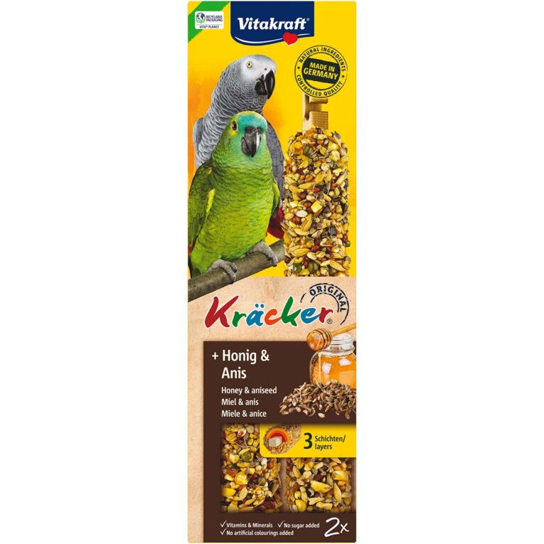 Ein besonderer Snack zur artgerechten und abwechslungsreichen Beschäftigung für Papageien bieten die Vitakraft Kräcker mit Honig und Anis.