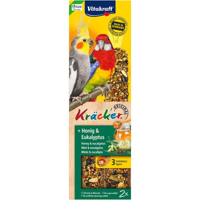 Vitakraft Kräcker mit Honig und Eukalyptus beinhalten eine köstliche Körnermischung speziell auf Großsittiche abgestimmt und versprechen höchsten Genuss.