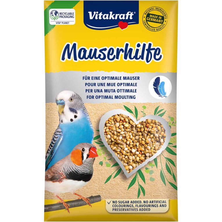 Unterstützen Sie mit der Vitakraft Mauserhilfe Sittiche und Exoten bei einem schnellen und unkomplizierten Ablauf des Federwechsels.