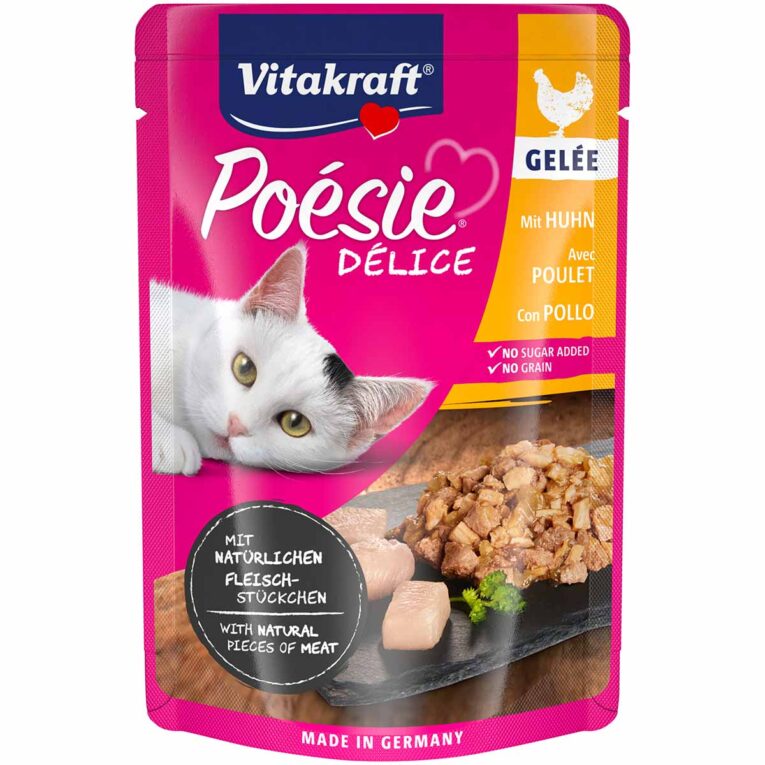 Nassfutter für ausgewachsene Katzen mit zartem Hühnchenfilet in Gelée. Zucker- und Getreidefreie Rezeptur ohne künstliche Aromen