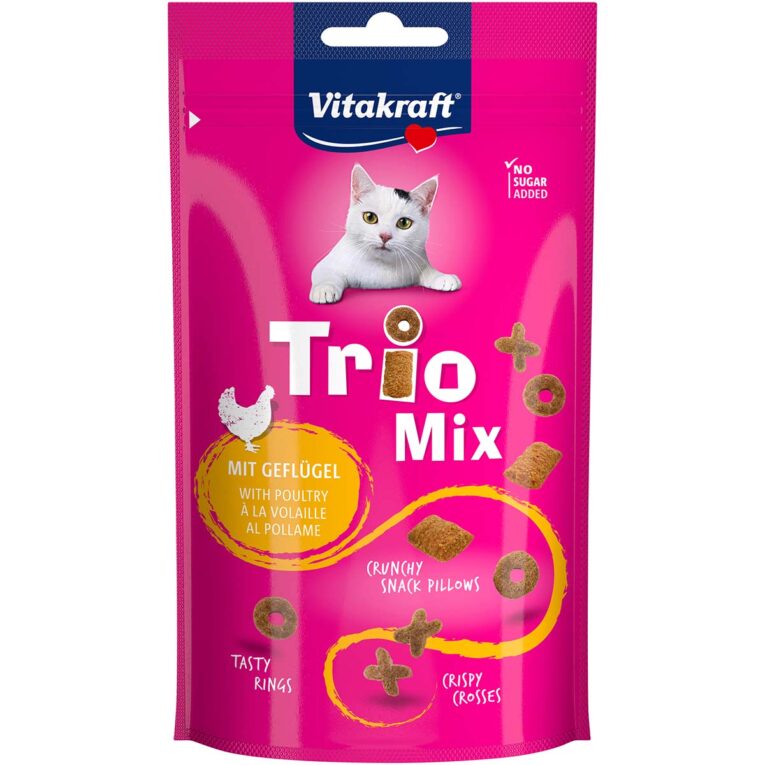 Füttern Sie Ihrer Katze jetzt den Trio Mix mit Geflügel. Der Snack enthält wichtige Vitamine und wertvolles Taurin für die Gesundheit Ihres Lieblings.
