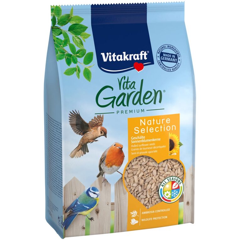 500g VitaGarden Nature Selection Sonnenblumenkerne von Vitakraft mit geschälten Sonnenblumenkernen. Eine natürliche Quelle von wertvollen Vitaminen und Ölen für Gartenvögel