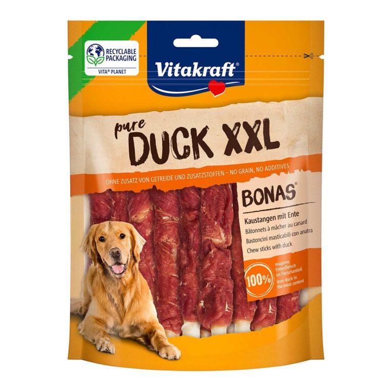 Vitakraft Pure Duck Bonas Sticks XXL bieten deinem Hund getreidefreien Genuss mit Entenfleisch und ohne Zusatzstoffe.