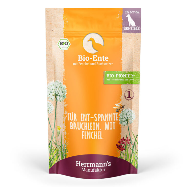 Bio-Ente mit Fenchel und Buchweizen Alleinfuttermittel für ausgewachsene Hunde Was ist drin? 50 % Bio-Ente