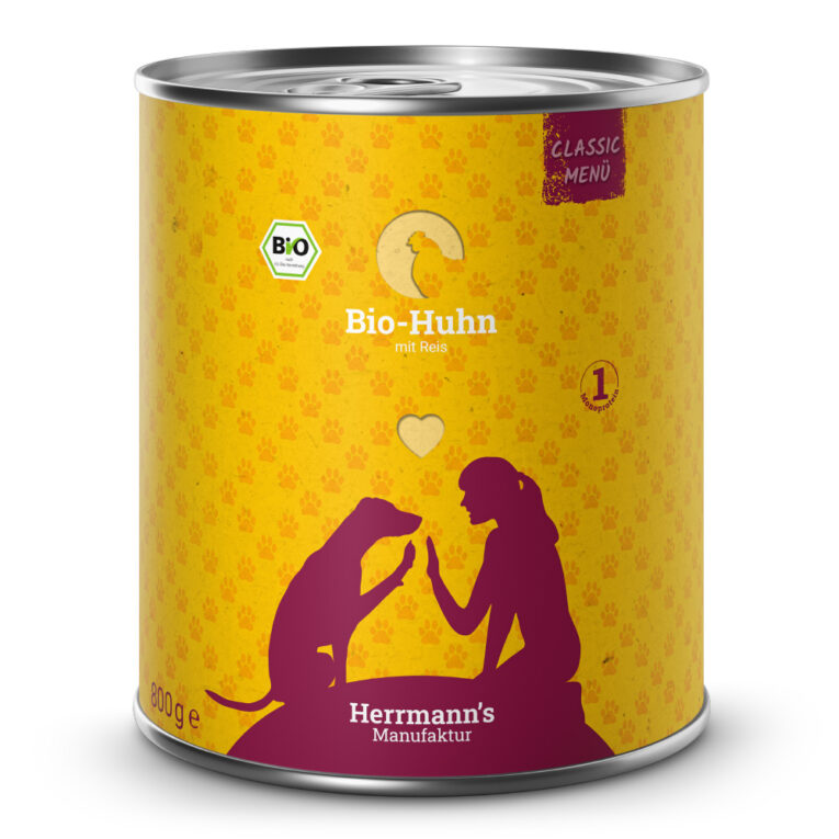 Herrmann's Classic Bio-Huhn mit Reis Ergänzungsfuttermittel für ausgewachsene Hunde Was ist drin? 50 % Bio-Huhn