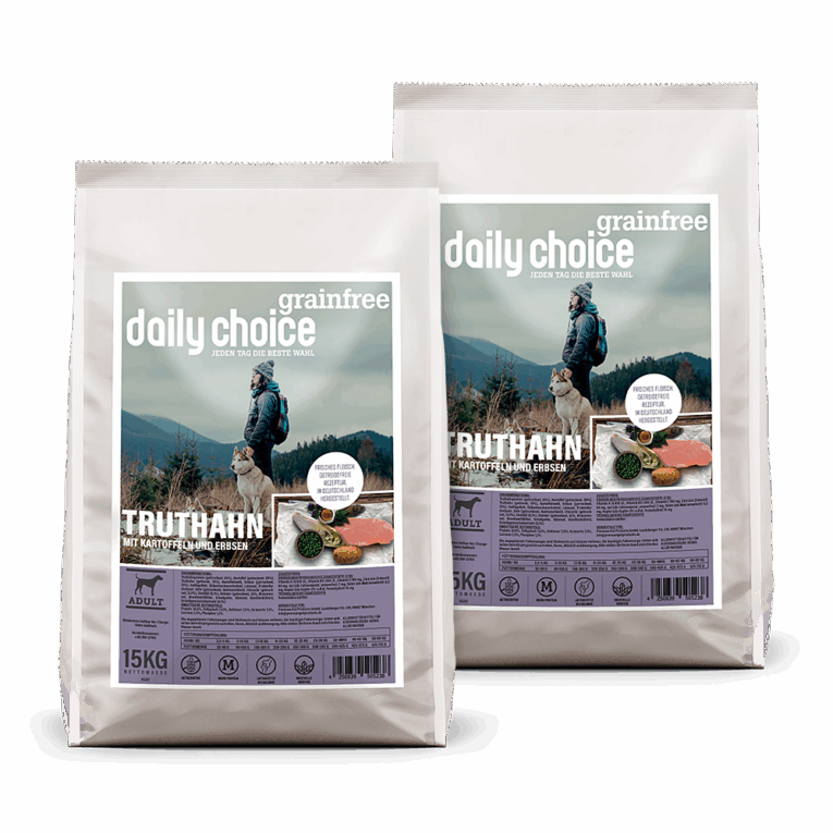 daily choice - Trockenfutter - Grainfree Truthahn mit Kartoffeln und Erbsen Das Trockenfutter im Überblick: Alleinfutter Mit Truthahn als einzige Proteinquelle Mit leckeren Kartoffeln also Kohlenhydratquelle Ohne Getreide Chicorée für eine optimale Verdaulichkeit Grünlippmuschel zur Unterstützung der Gelenke 100 % in Deutschland hergestellt Ohne chemische Farb- und Konservierungsstoffe Grainfree Truthahn mit Kartoffeln und Erbsen von daily choice ist eine ausgewogene und vollwertige Mahlzeit für den Hund. Das Hundefutter besteht aus 35 % Truthahnfleisch