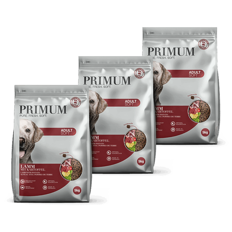 PRIMUM - Trockenfutter - Soft Lamm mit Kartoffel (getreidefrei) Das schmackhafte Trockenfutter Soft Lamm mit Kartoffel von PRIMUM wird mit extra viel Frischfleisch vom Lamm langsam und schonend verarbeitet. Durch das bewährte Herstellungsverfahren werden alle Nährstoffe noch besser zur Verfügung gestellt. Das besonders saftige Trockenfutter enthält extra viel Feuchtigkeit. Dadurch sind die Kroketten weich und außergewöhnlich geschmacksintensiv. Die Rezeptur von PRIMUM Soft Hundefutter Lamm mit Kartoffel besteht aus frischem Lammfleisch als einzige tierische Proteinquelle und verzichtet vollständig auf Getreide. So ist das Trockenfutter auch ideal für Hunde mit Futtermittelunverträglichkeiten und Allergien geeignet. Als hochqualitative Vollnahrung enthält das semi moist Hundefutter alle wichtigen Nährstoffe und Vitamine und ist somit ideal für eine ganzheitliche und bewusste Hundeernährung. Mit feinem Lammfleisch