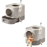 FEANDREA 2er Katzentoilette mit Deckel ausziehbares Tablett beige
