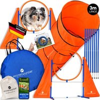 PfotenWunder® XXL-Profi-Agility Set Hunde Groß + 3 M-Tunnel + 21 Min. HUNDESCHULE - 6 Slalomstangen, für kleine & große Hunde-Training Sport Cavaletti Parcour Steckhürdenset Zubehör Hürden