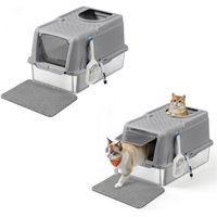 FEANDREA 2er Edelstahl Katzentoilette XL mit Deckel 2 Eingängen grau
