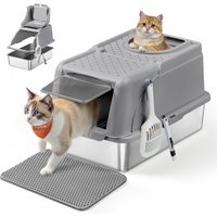 FEANDREA Edelstahl Katzentoilette XL mit Deckel 2 Eingängen grau