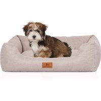 Knuffelwuff Hundebett Emma aus Velours mit feinem Handwebcharakter in Pastellfarben beige M-L